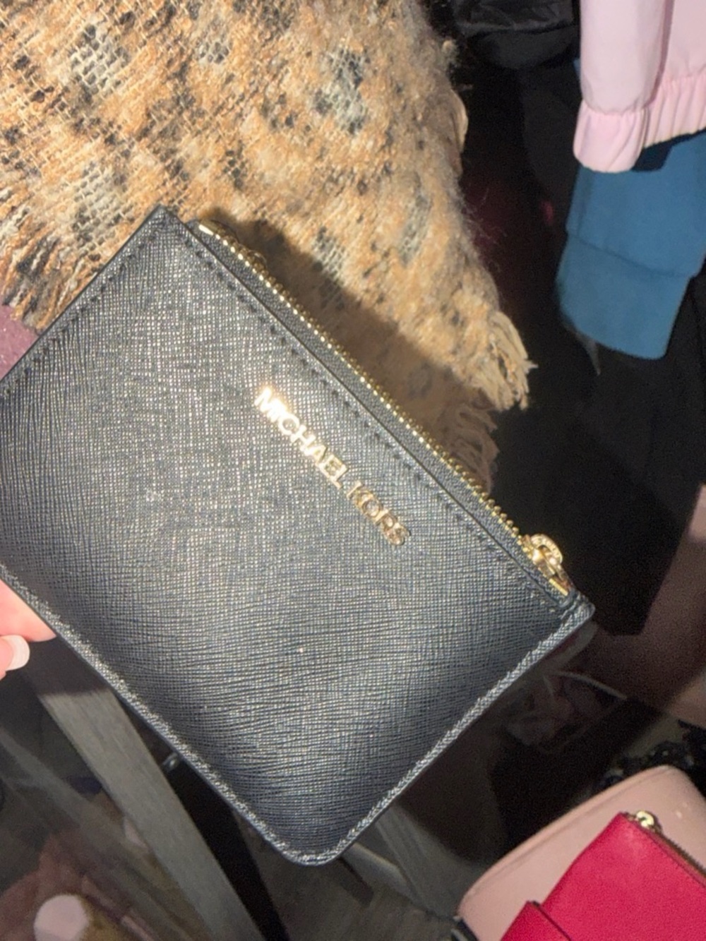 Michael Kors Black Saffiano Zip Card Case with Gold Hardware